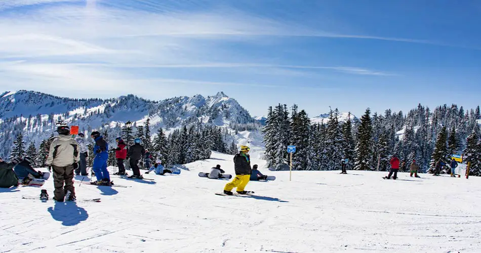 Skiers and boarders at Stevens Pass.