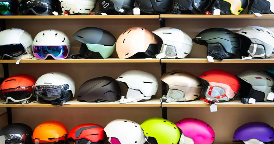 Ski helmets at ski shop.
