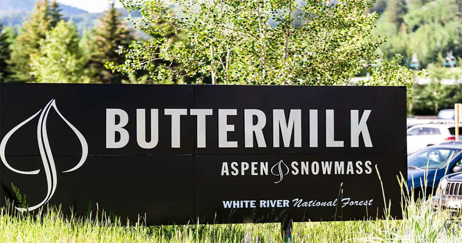 Welcome sign to Buttermilk ski area in Aspen.
