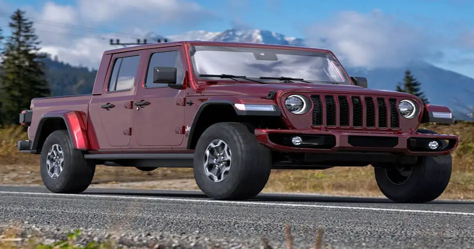 Jeep Gladiator in mountains. One of the best ski vehicles.