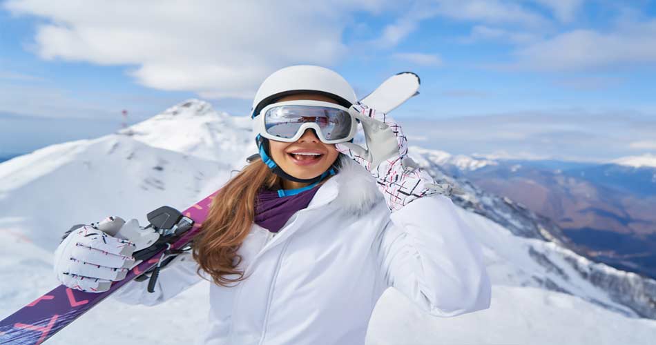 lady wearing mirrored ski goggle lenses.