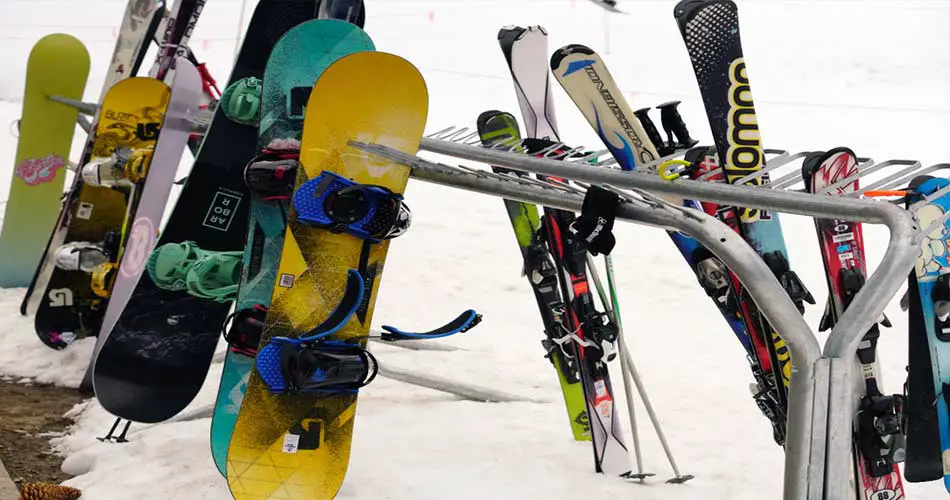 Snowboards and skis at blackjack ski resort.