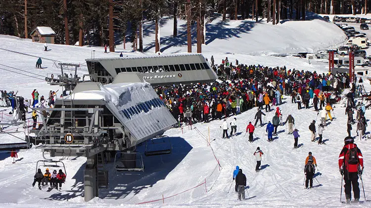 Packed ski lift at Mammoth ski resort.