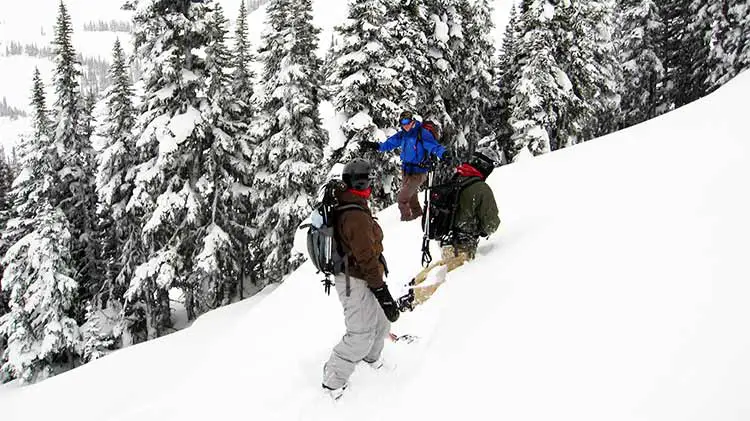 Backcountry decent on splitboards.