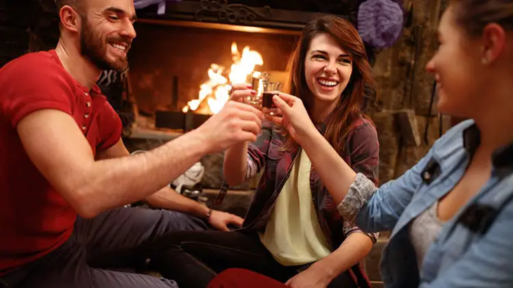 happy hour shots near the fireplace