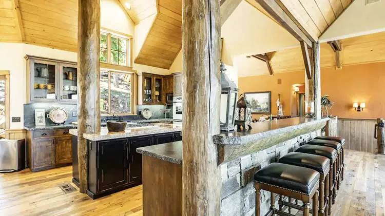 rustic kitchen with stone slab coutertops