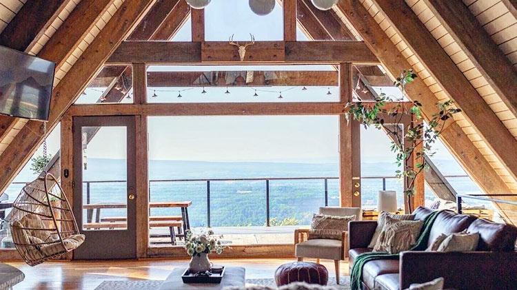 A-frame cabin with mountain view